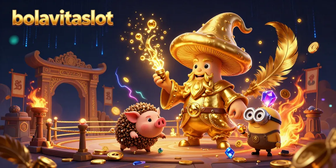 Experience the magic of bolavitaslot with a whimsical illustration of a golden mushroom wizard, treasure, and vibrant casino elements.