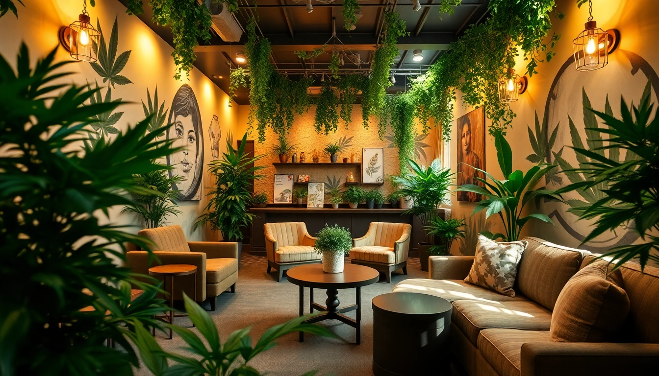 Explore a serene cannabis club environment with lush greenery and inviting lounge spaces.