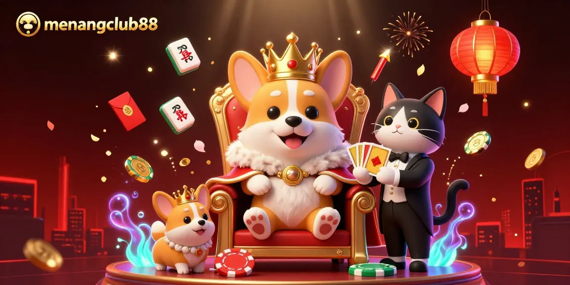 Engage with menangclub88 through a vibrant 3D casino illustration showcasing a royal corgi and gaming elements.