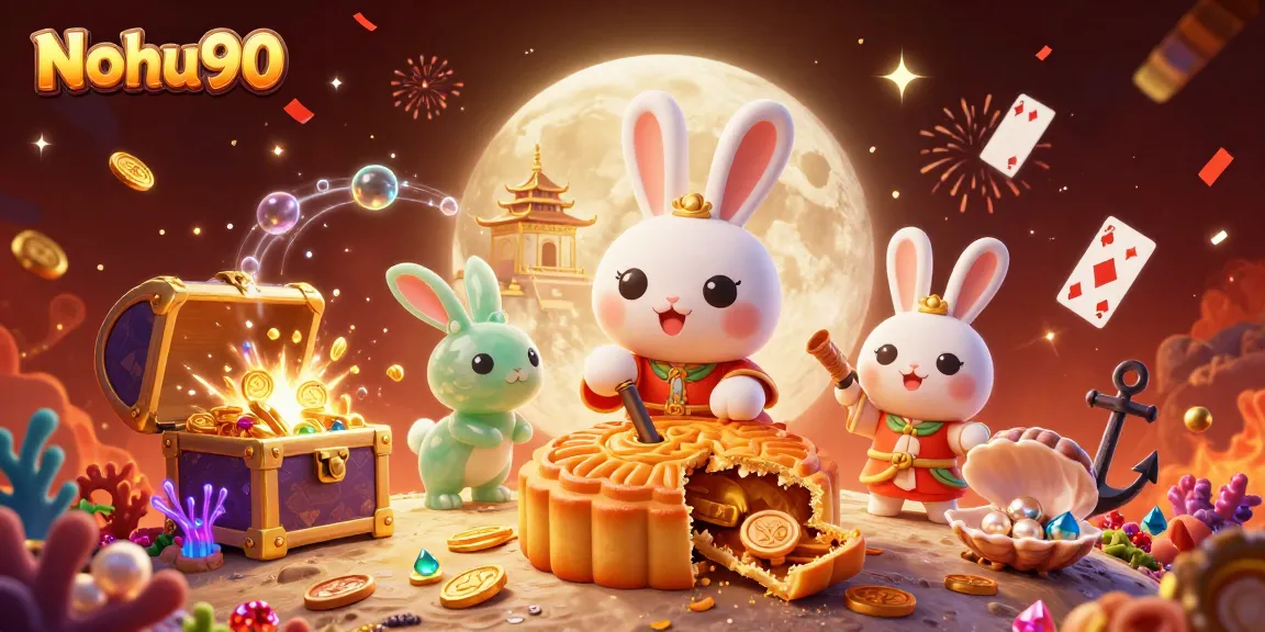 Nohu90 engages players with action-packed slots and poker chips on a vibrant moonlit landscape.