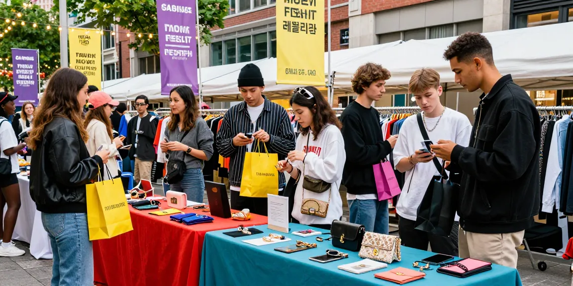 Stylish young adults explore vibrant 레플리카 fashion items at a pop-up market.