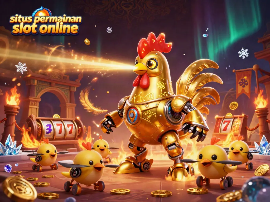 Robot ayam jantan dan drone anak ayam dalam suasana situs permainan slot online yang menegangkan.