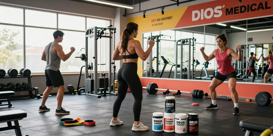 Dynamic gym training featuring active bodybuilders using Deus Medical Steroids supplements for optimal performance.