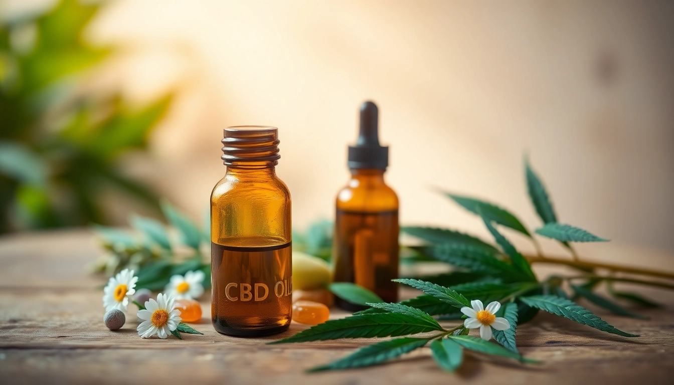 Highlighting CBD oil and gummies, this still life captures wellness products on a wooden surface.