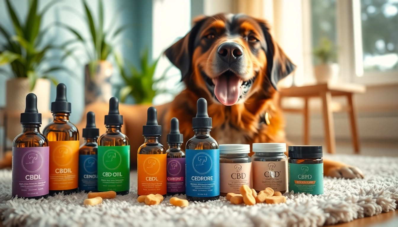 Happy dog enjoying CBD For Pet products in a bright, relaxed setting.