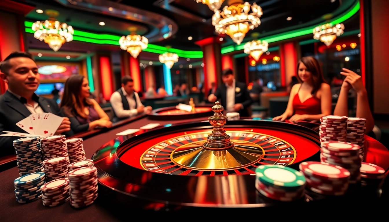 Excited players engaging in online gambling at 12bet casino with vibrant roulette table.