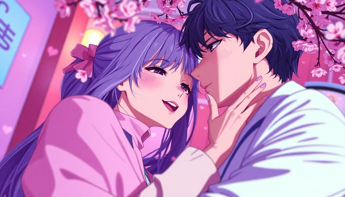 Engaging anime sex scene with romantic characters in a vibrant setting, capturing playful intimacy.