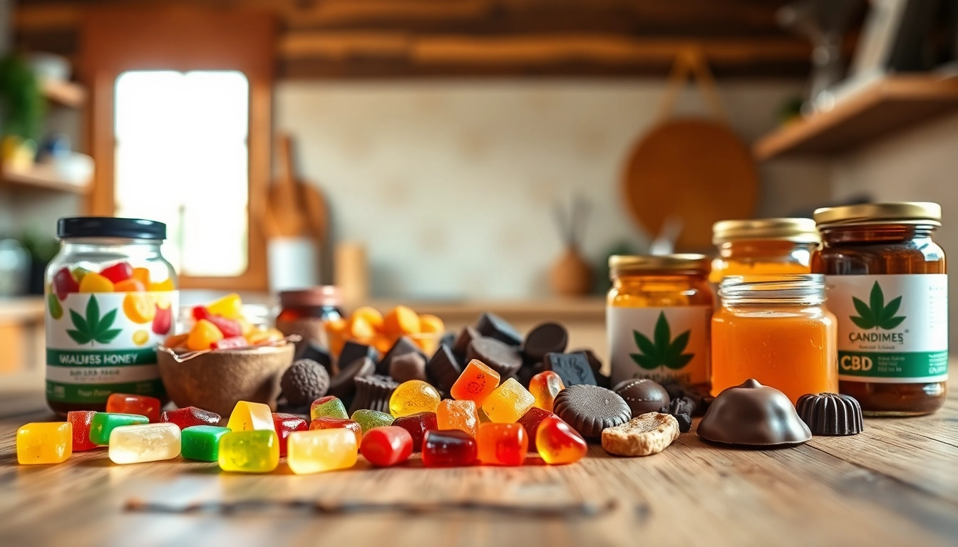 Showcase of wholesale cbd edibles including gummies and chocolates on a rustic table.