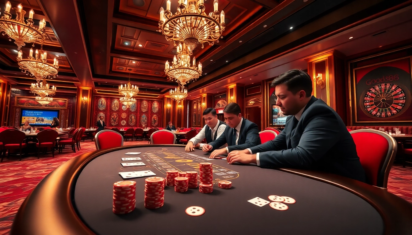 Players strategizing at a vibrant GOOD88 poker table amidst a luxurious casino backdrop.