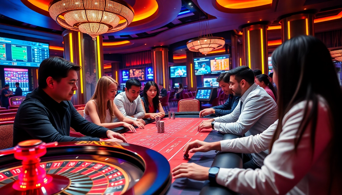 Players enjoying a thrilling game at BK8 เว็บตรง casino with vibrant tables and exciting atmosphere.