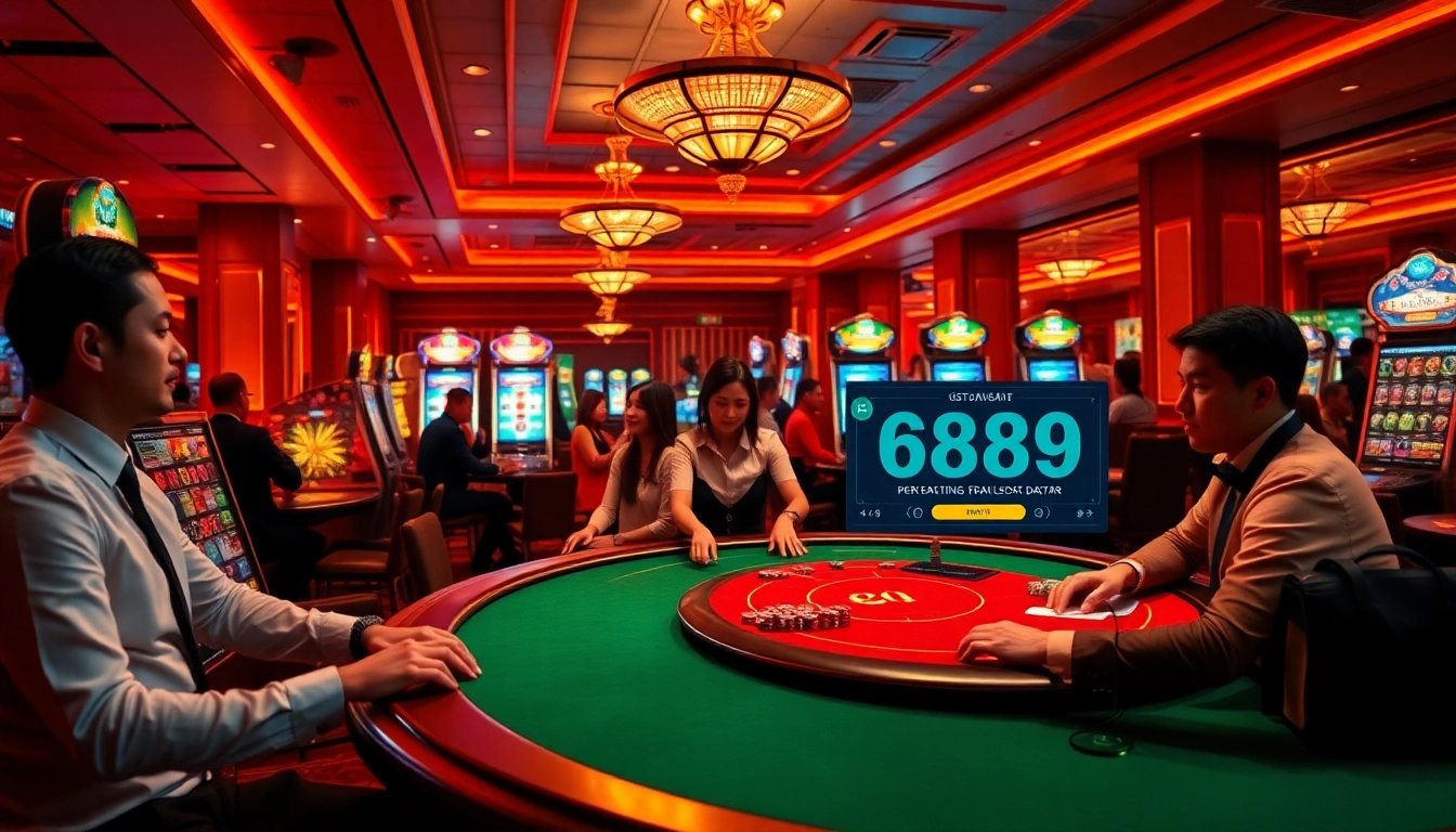 Engage with Gopay88 Daftar at a vibrant casino featuring poker tables and slot machines.