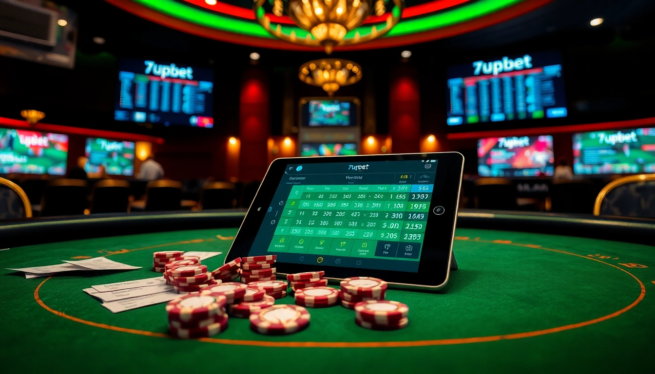 Engaging scene illustrating a vibrant online gambling experience with 7upbet, featuring a digital tablet on a luxe casino table.