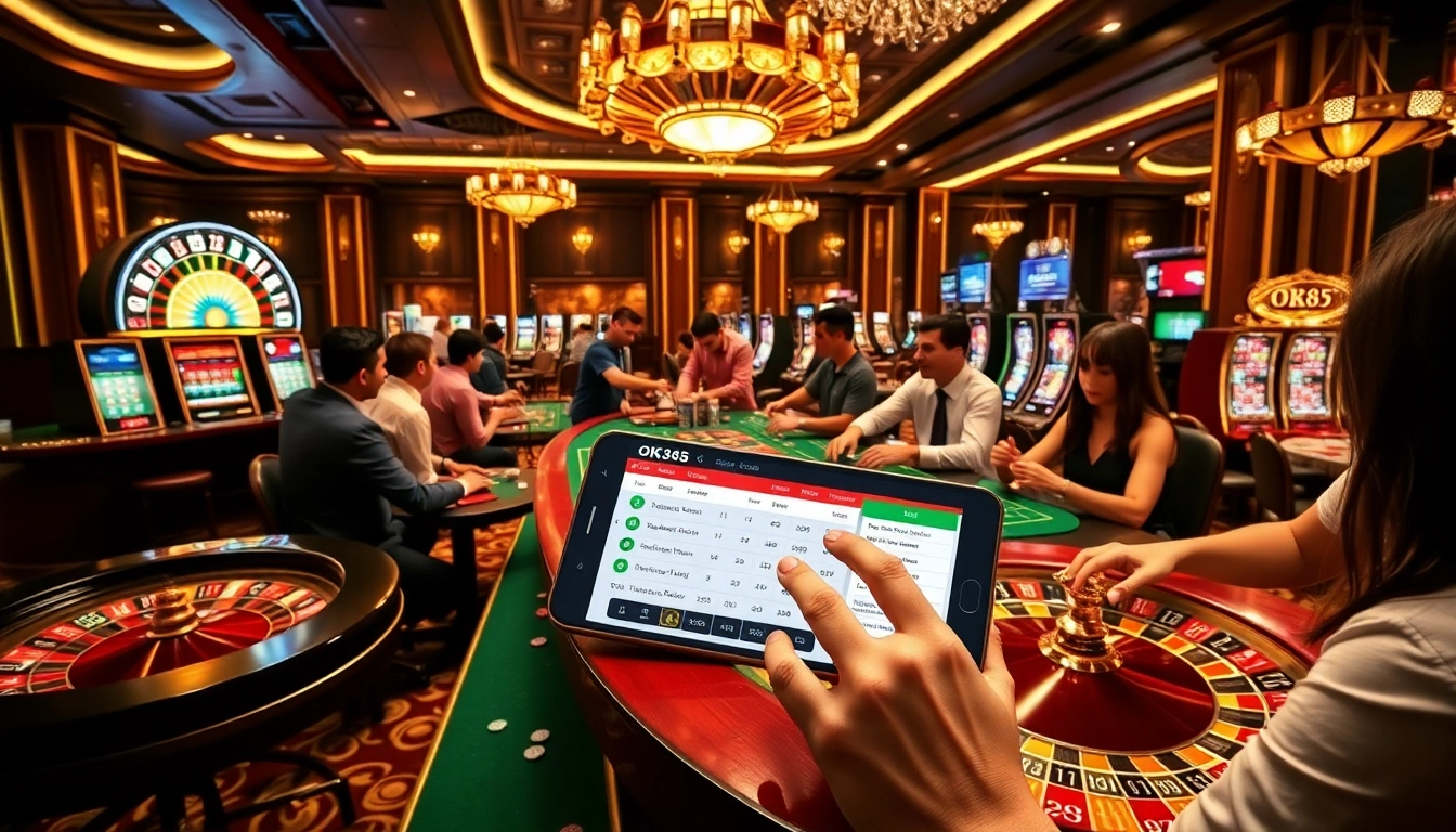 Players enjoying the excitement of OK365's casino games with colorful poker chips and a roulette wheel.