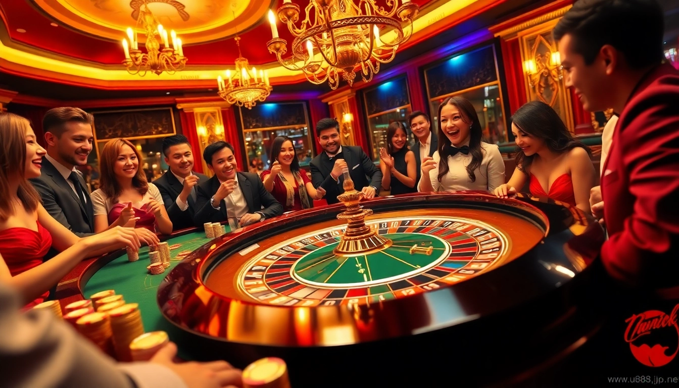 Engaged players betting at the roulette table in a vibrant casino scene at https://uu888.jp.net/.
