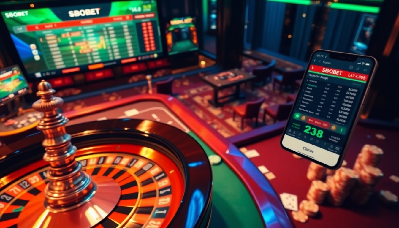 Sbobet online sportsbook displaying real-time odds with vibrant casino elements.