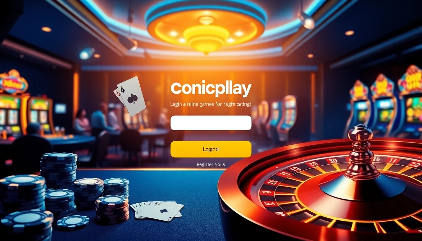 An engaging online casino scene showcasing onicplay login with vibrant colors, poker elements, and modern interface design.