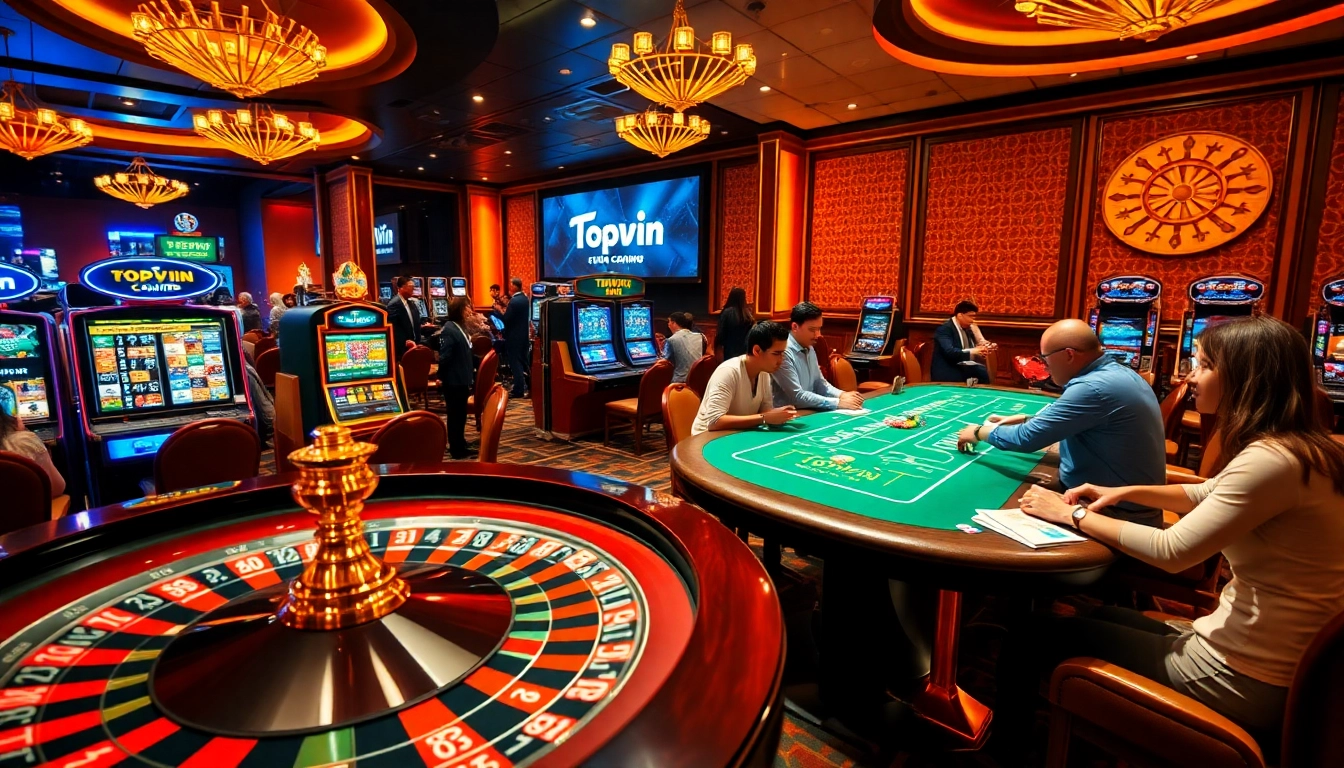 Players enjoy the excitement of Topvin's casino games at a beautifully lit table.