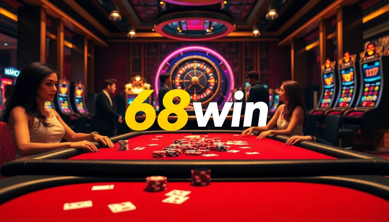 Players engaging in an exciting game at the 68win casino, showcasing poker chips and vibrant slot machines.