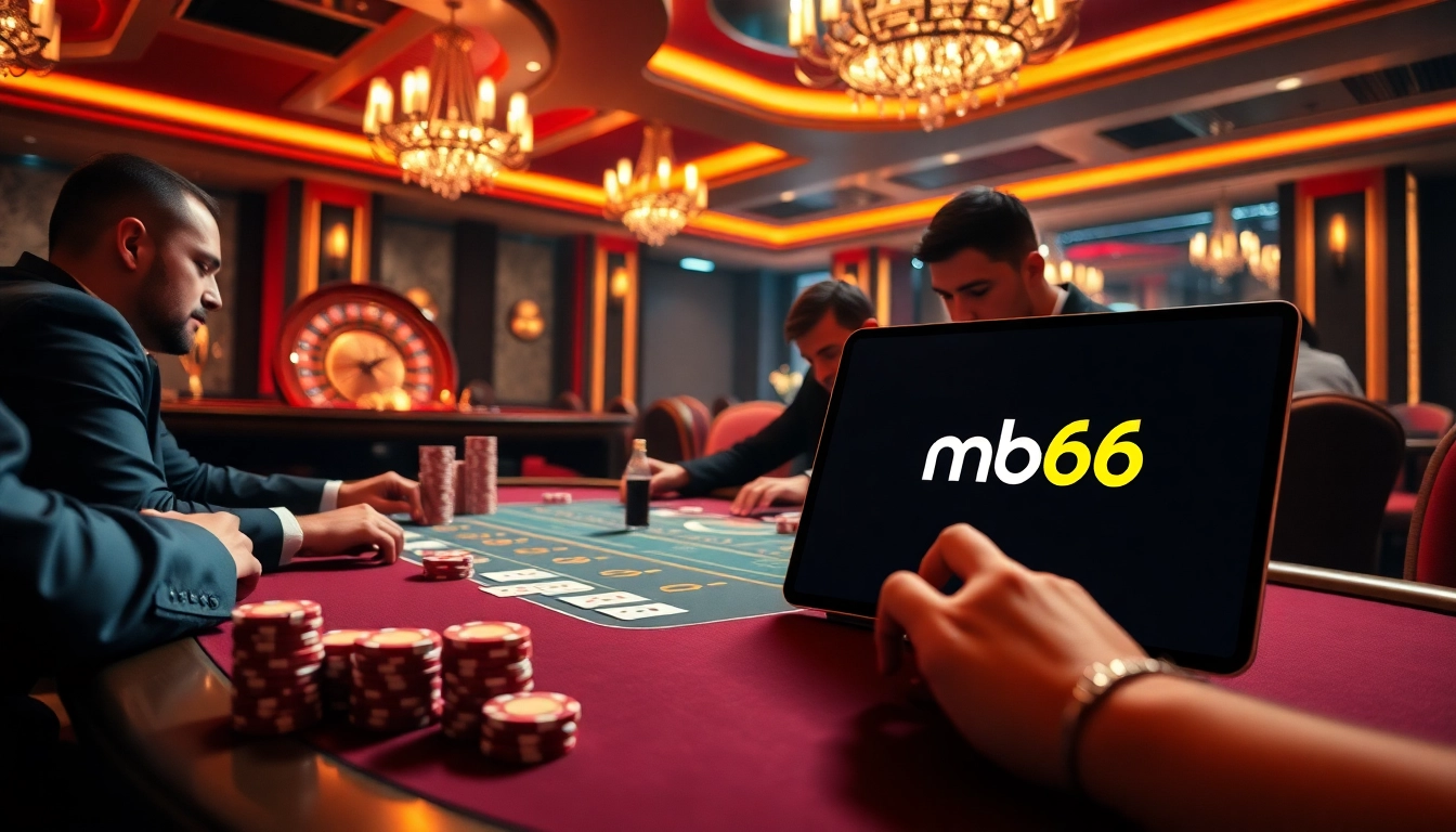 Intense poker gameplay featuring mb66 logo among luxurious casino elements.