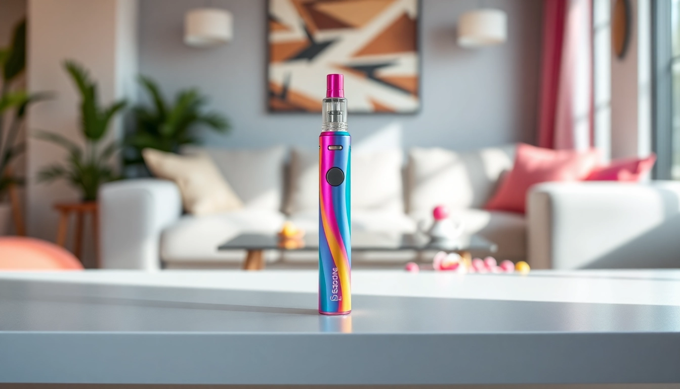 Vibrantly designed candy vape pen showcased prominently on a sleek surface.