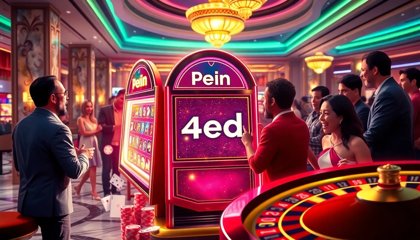 Players enjoying the excitement of winning on the pen 4d slot machine in a luxurious casino.