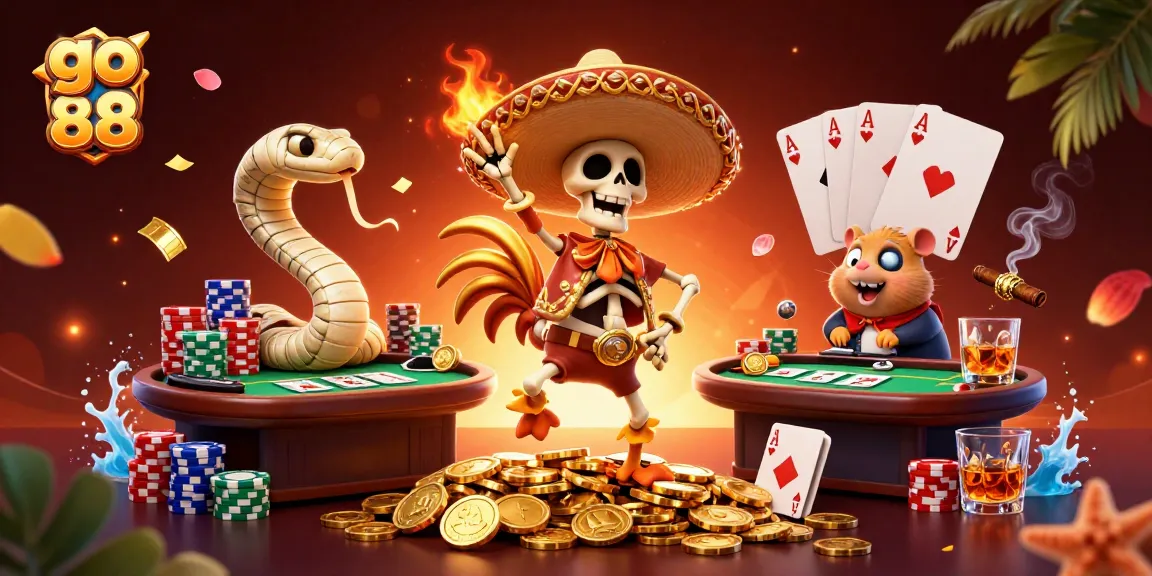 Experience thrilling wins with go 88 in this vibrant casino illustration featuring dynamic characters and game elements.