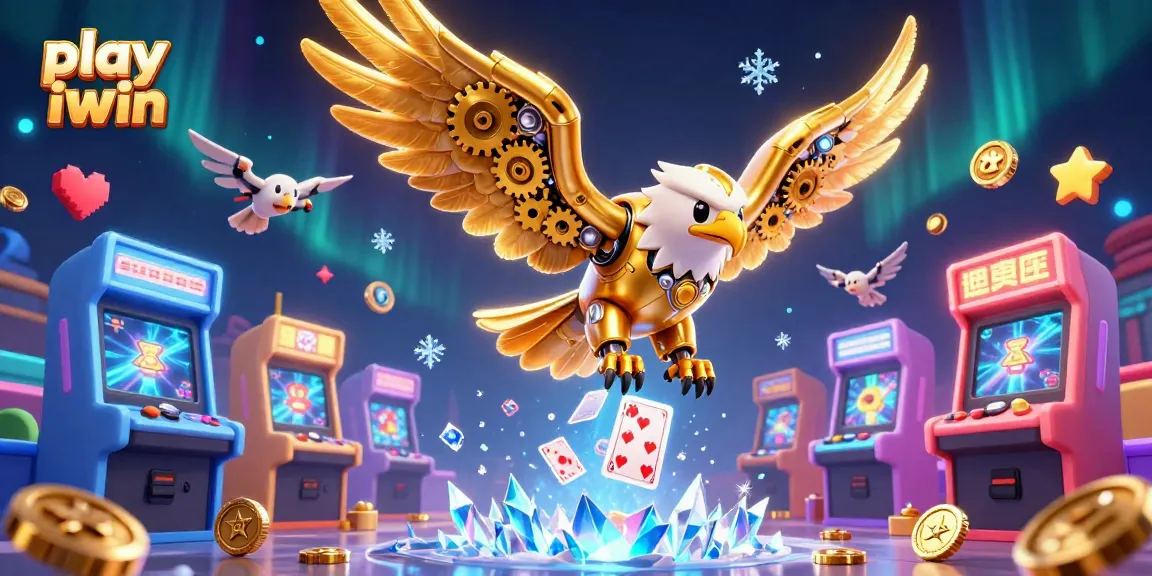 Engage to play iwin with a cybernetic eagle and dazzling casino elements in a vibrant 3D scene.