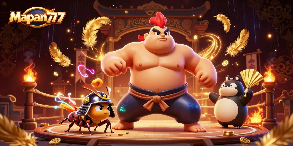 Mapan777 offers thrilling battles between a sumo rooster and a samurai cricket in a vibrant casino arena.