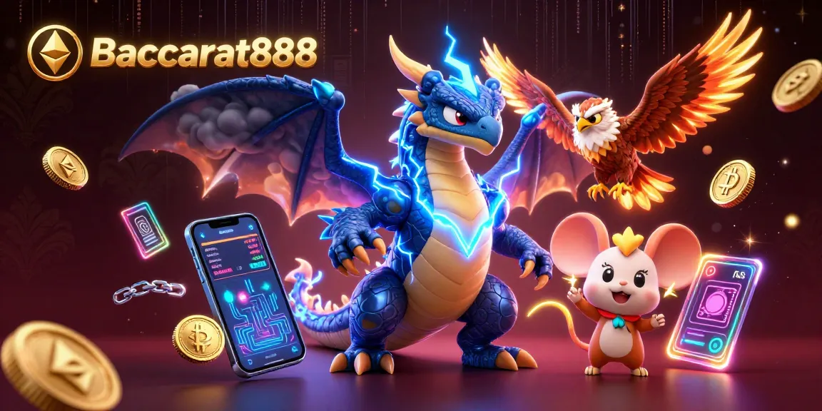 Baccarat888 showcases dynamic gameplay featuring powerful characters amidst vibrant casino elements and crypto coins.