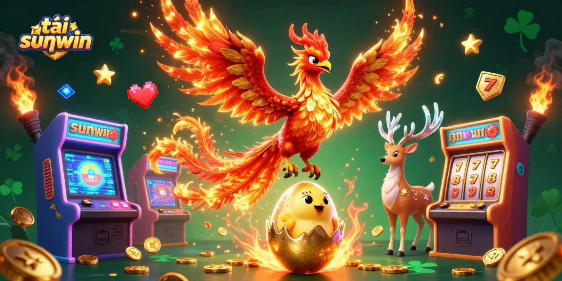 Engage with the fun of tải sunwin through this dynamic 3D illustration featuring a fire phoenix and gaming elements.