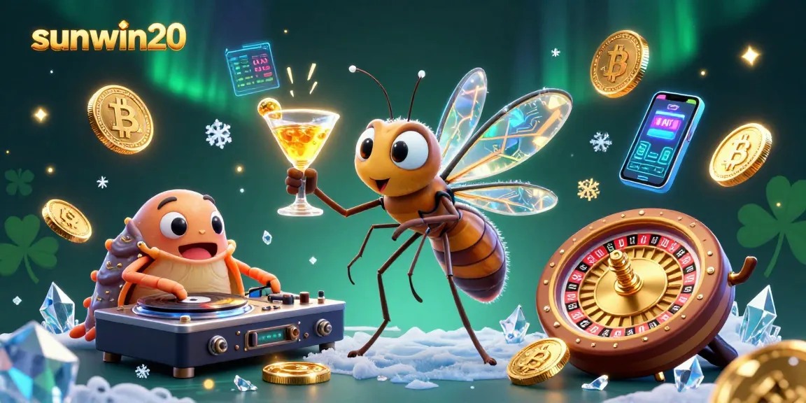 Engage with sunwin20, a vibrant casino scene featuring a cartoon mosquito mascot and DJ elements.