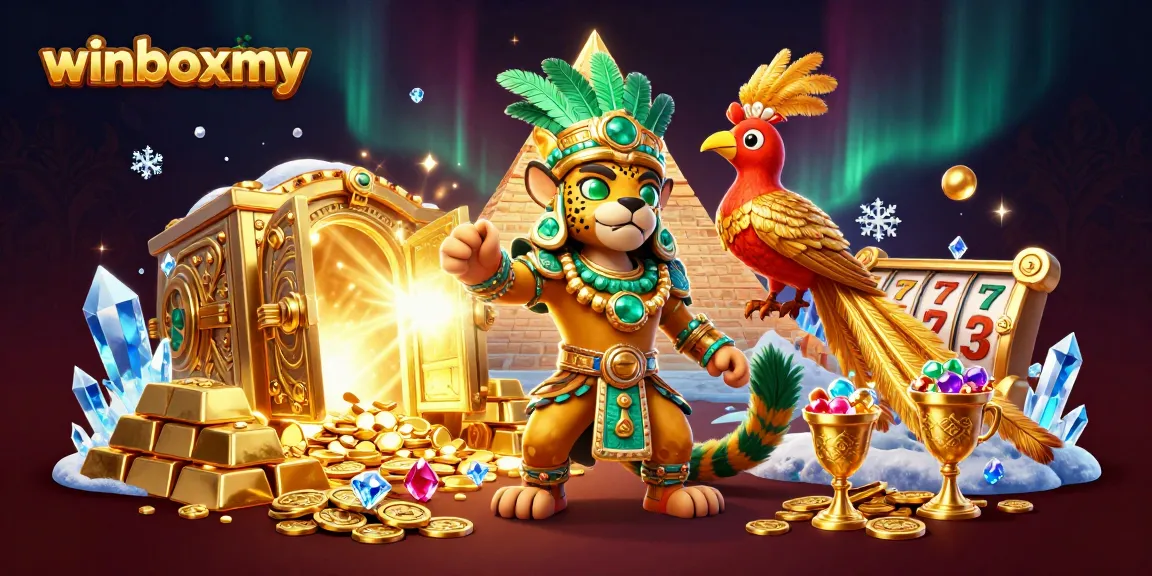 winboxmy showcases a vibrant 3D casino scene with a Mayan priest, treasures, and slot elements.