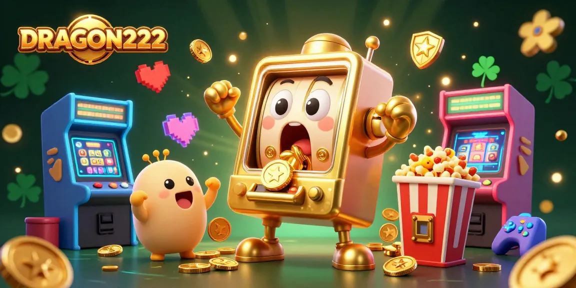 Engage with DRAGON222 at a vibrant casino scene featuring a golden slot machine hitting the jackpot.