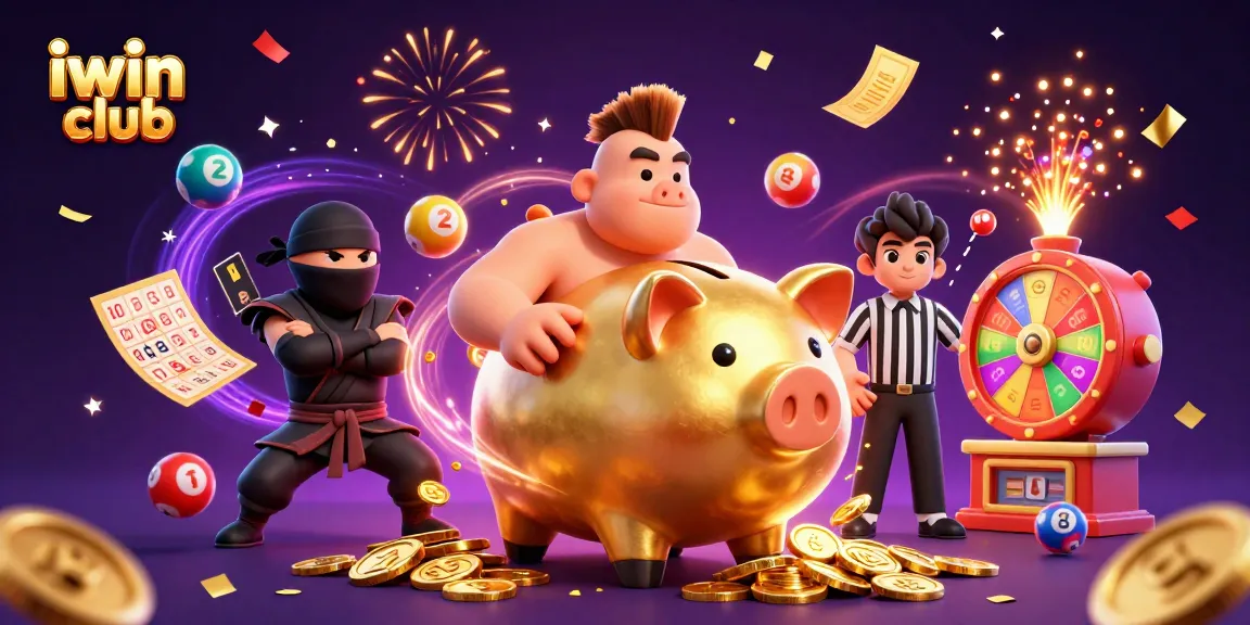 Experience iwin club excitement with a sumo wrestler piggy bank surrounded by vibrant lottery elements.