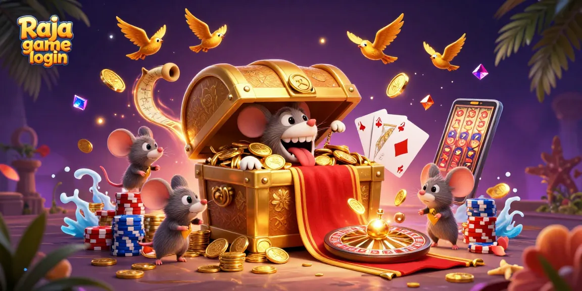 Engage with Raja game login and dive into immersive casino adventures featuring treasure chests, coins, and vibrant characters.