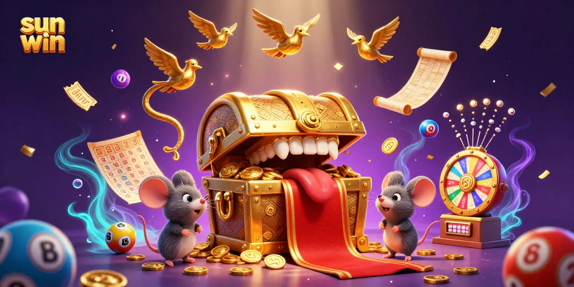 Engage with Sun Win's vibrant lottery action, featuring colorful bouncing balls and a treasure chest luring players.
