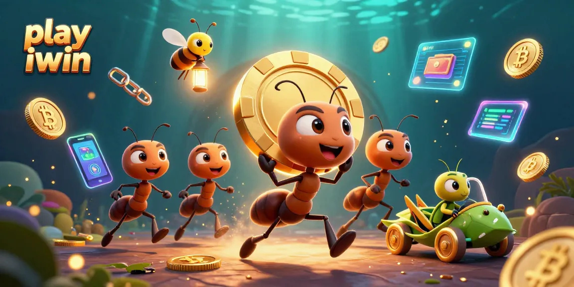 Play iwin with a whimsical team of ants heisting a poker chip, surrounded by crypto coins.
