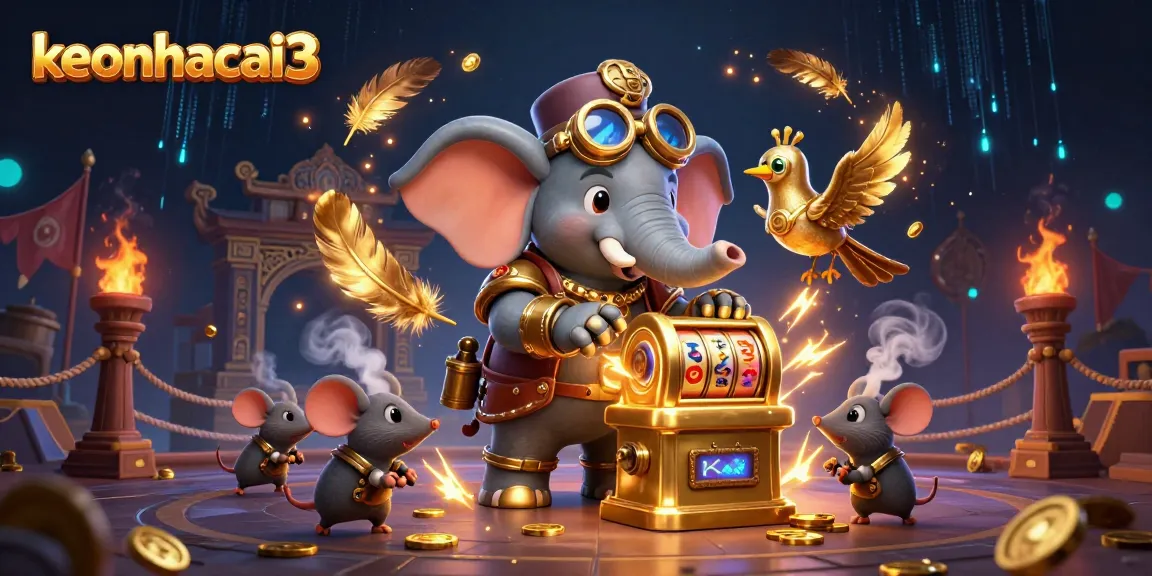 Engage with keonhacai3's vibrant steampunk casino scene featuring a mechanical elephant and dynamic gaming elements.