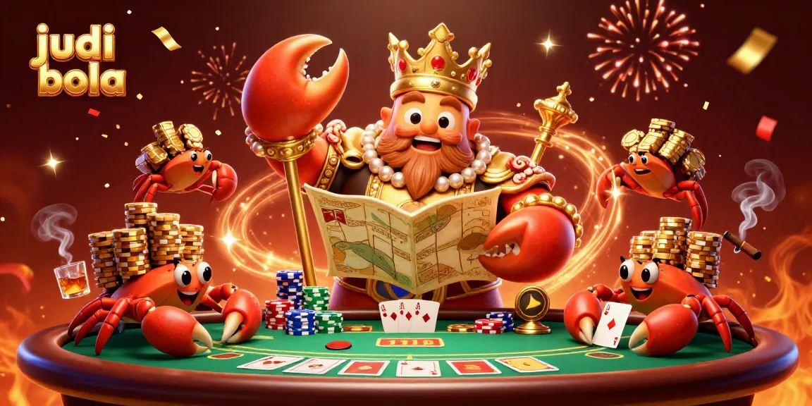 Engage in judi bola excitement with a golden crab emperor ruling over an energetic casino scene.