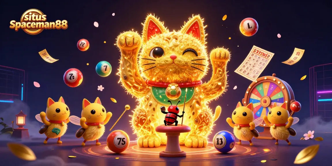 Experience winning with situs spaceman88 through vibrant lottery and casino elements in 3D illustration.