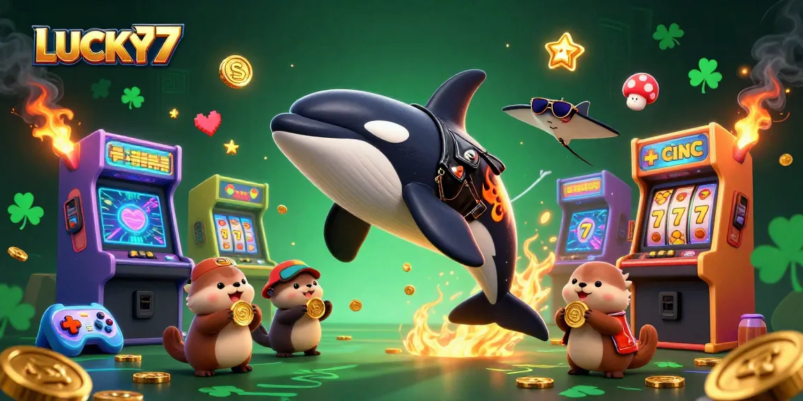 Spin and win big with LUCKY77 in a vibrant casino scene featuring playful sea creatures.