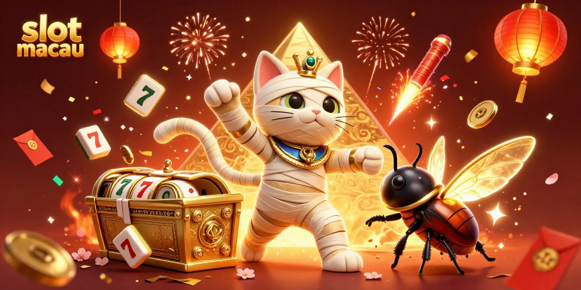 Engage in thrilling gameplay with slot macau's 3D illustration of a mummy cat bursting forth in a bustling casino.